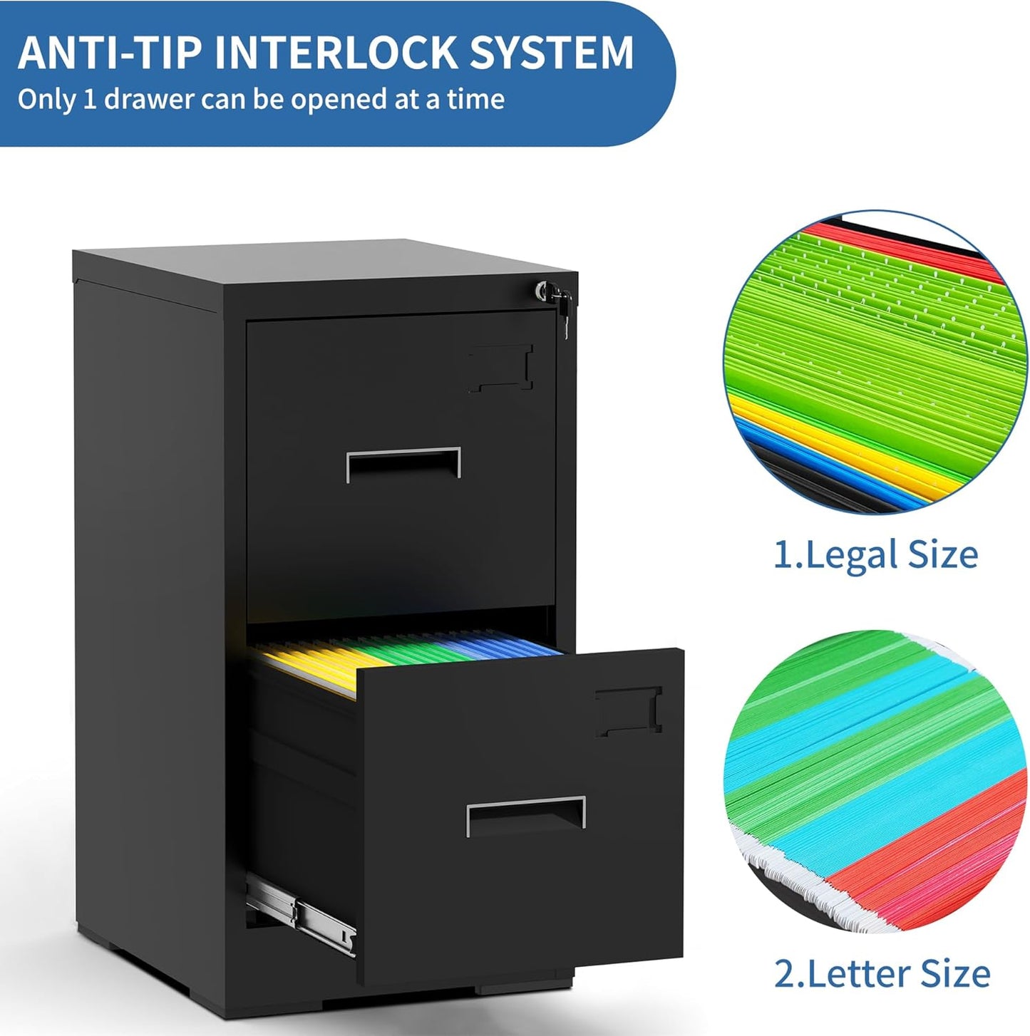 2 Drawer File Cabinet with Lock and Card Slot, Metal Vertical Filing Cabinets for Home Office, Steel Storage Cabinet for Hanging Legal/Letter Size Files, Assembly Required (Black)