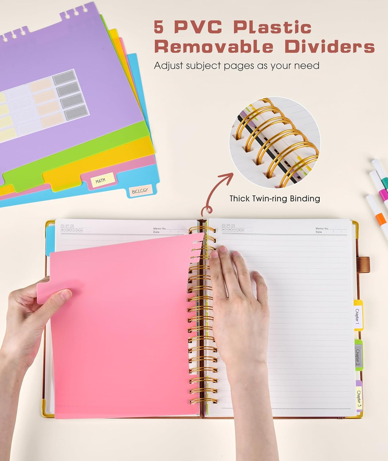 Hardcover Spiral Notebook Journal with Removable Dividers Tabs, 300 Pages Leather 5 Subject Notebook College Ruled, 8"x10" Large B5 Notebooks for Work School, Lined Journal for Men, Light Brown