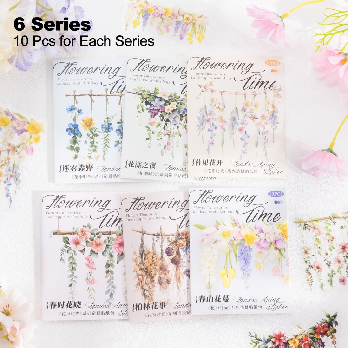 Hanging Floral PET Stickers Set, 60PCS Botanical Flower Stickers for Scrapbooking, Journaling, DIY Crafts, and Art Supplies
