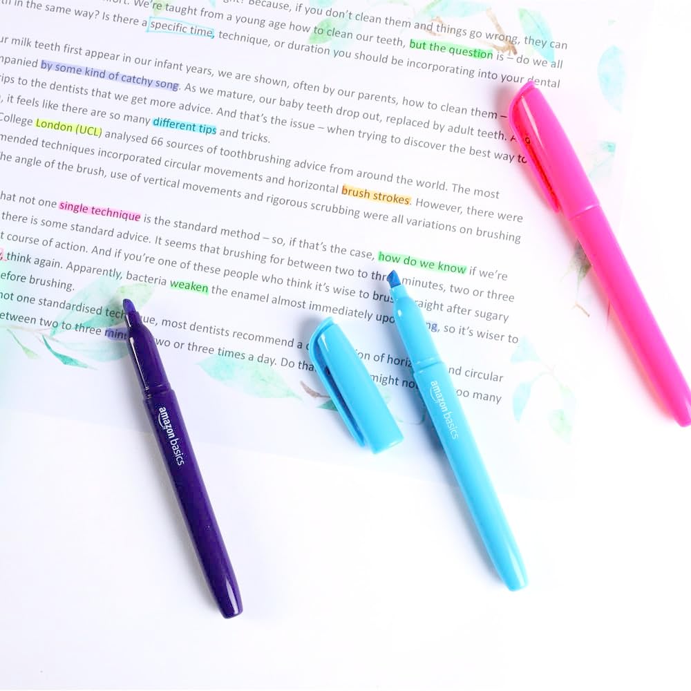 Amazon Basics Highlighters, Fluorescent Ink, Chisel Tip, Assorted Colors, School Supplies, 12 Pack