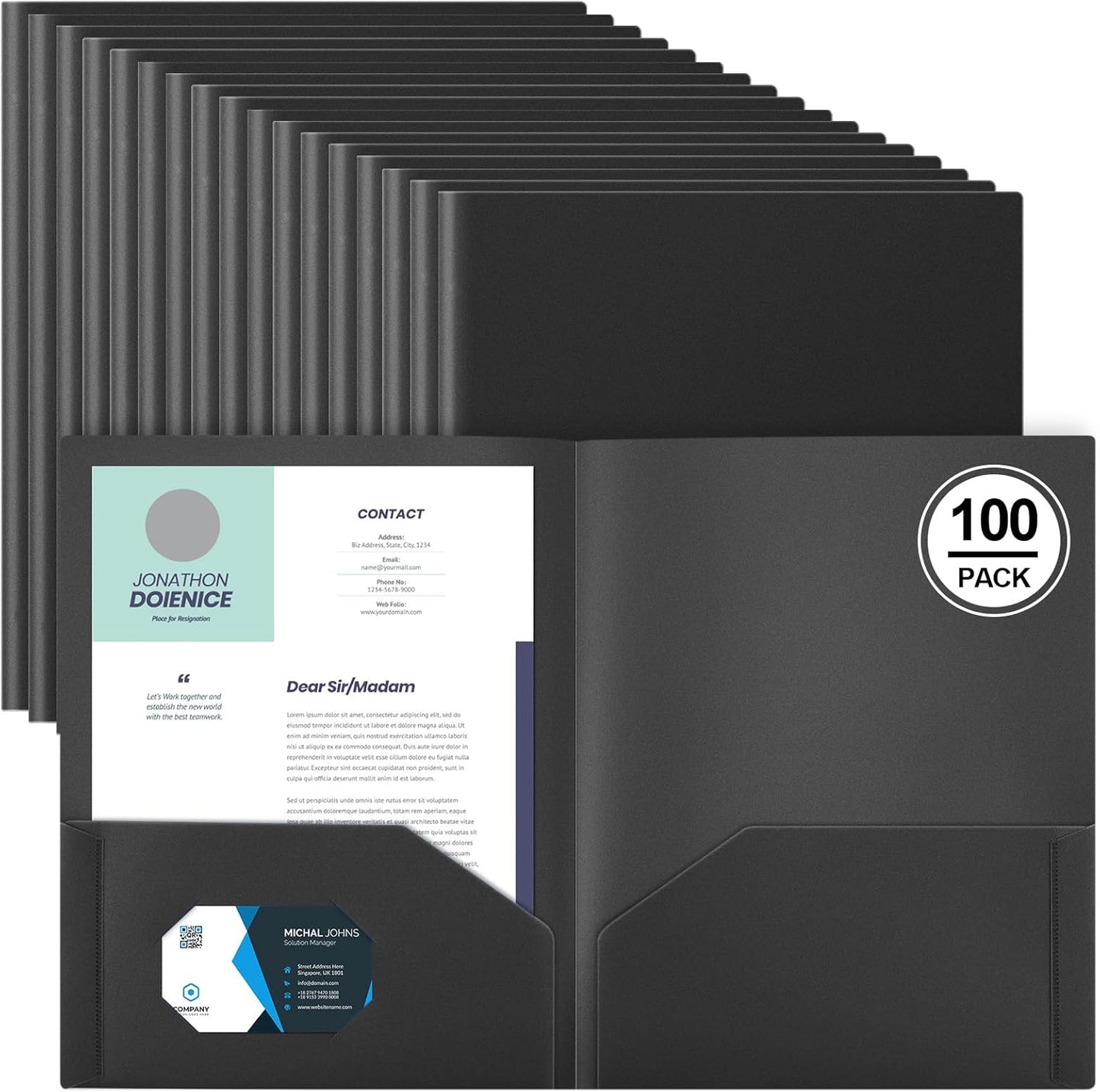 Gueevin 100 Pcs Two Pocket Folders Bulk Plastic File Folder with 2 Pockets Letter Size Paper Heavy Duty Durable Portfolios Case for Home Office School Business 11.61 x 9.45 Inch (Black)