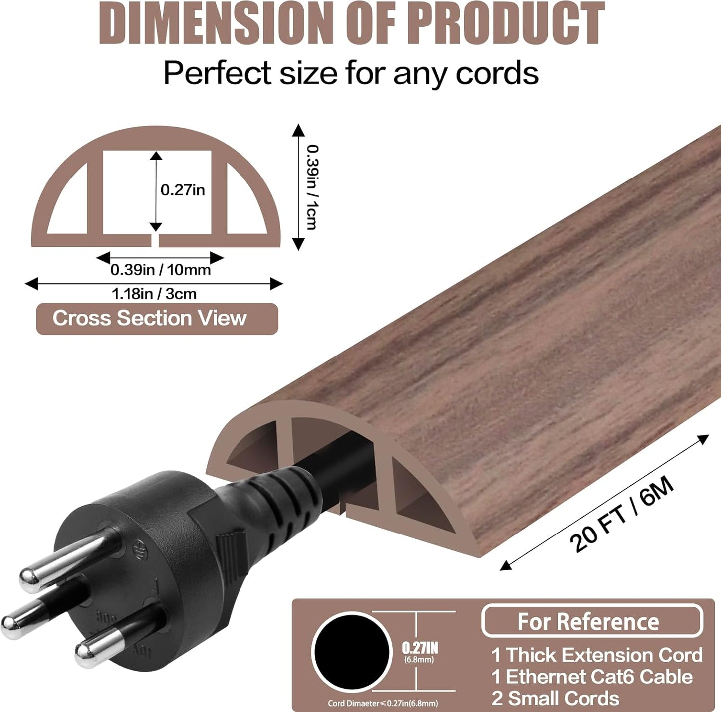 Floor Cord Cover Self Adhesive Cord Hider,20FT Cable Management, Extension Strip Protector for Wires, Prevent Cable Trips for Offices, Gyms, Exhibitions Cavity:0.39"(W) x 0.27"(H) Wood Walnut