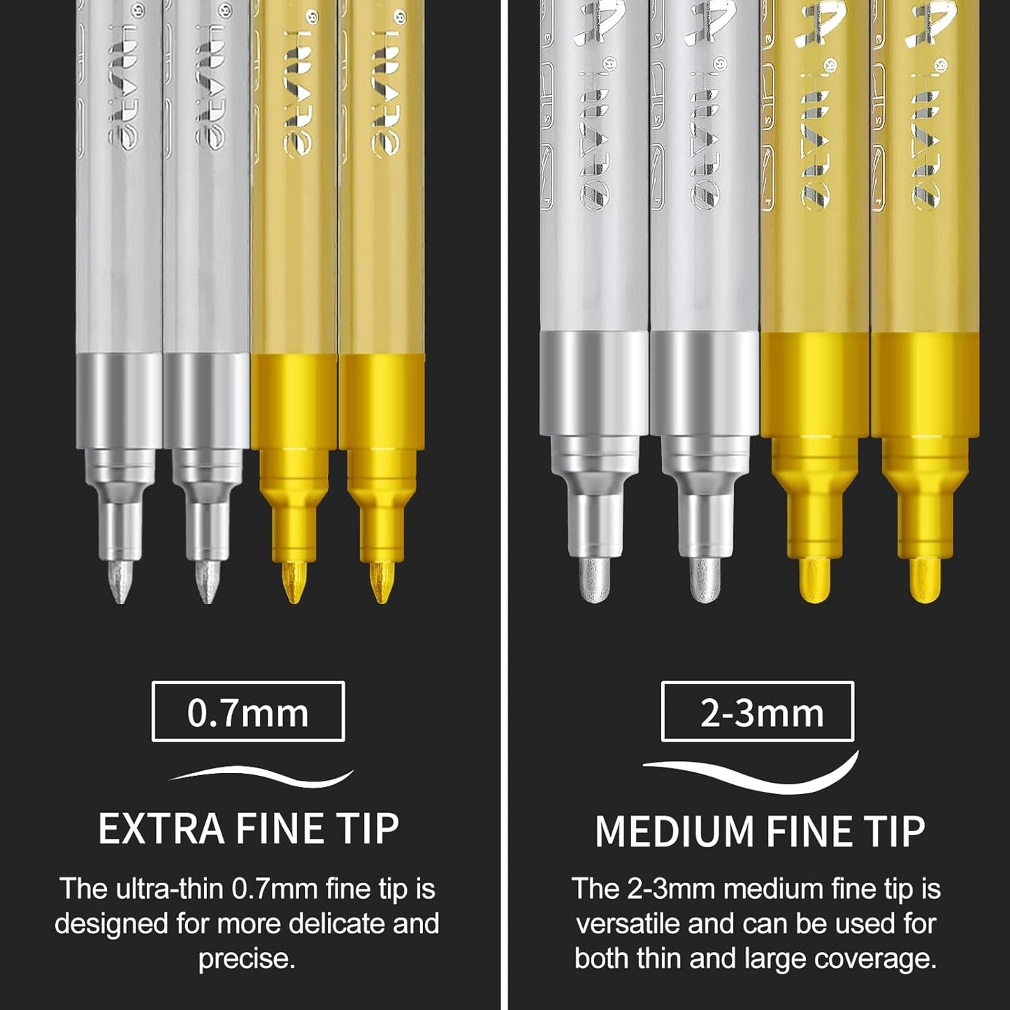 SFAIH Gold & Silver Acrylic Paint Markers - 8 Pack 2-3MM Medium Tip & 0.7MM Extra Fine Paint Pens for Rock Painting, Wood, Metal, Fabric, Plastic, Canvas, Glass, Ceramic, Diy Crafts