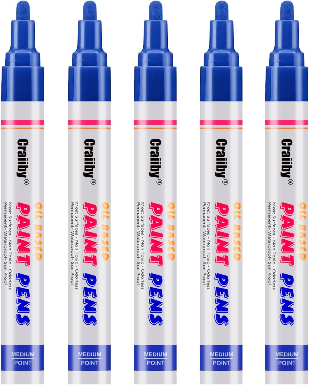 Blue Paint Markers, 5 Pack Oil-Based Waterproof Quick Dry Permanent Paint Pen Set for Rocks Painting, Wood, Fabric, Plastic, Canvas, Glass, Mugs, Metal, Tire, Stone, DIY Craft