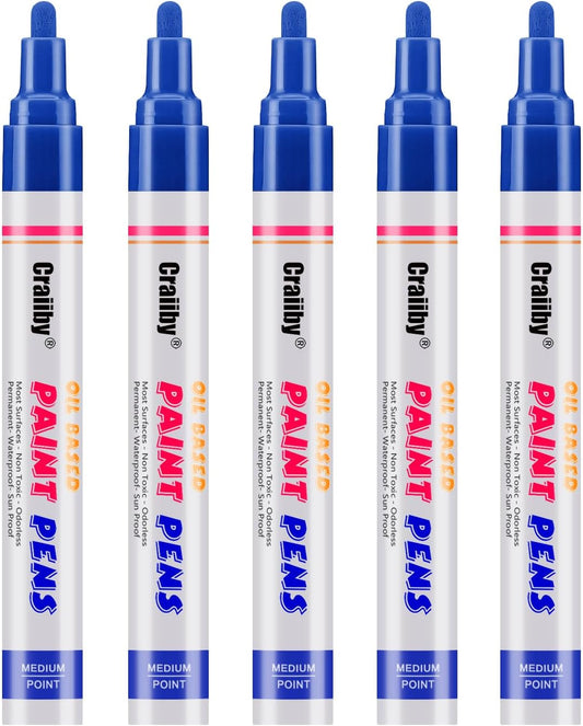 Blue Paint Markers, 5 Pack Oil-Based Waterproof Quick Dry Permanent Paint Pen Set for Rocks Painting, Wood, Fabric, Plastic, Canvas, Glass, Mugs, Metal, Tire, Stone, DIY Craft