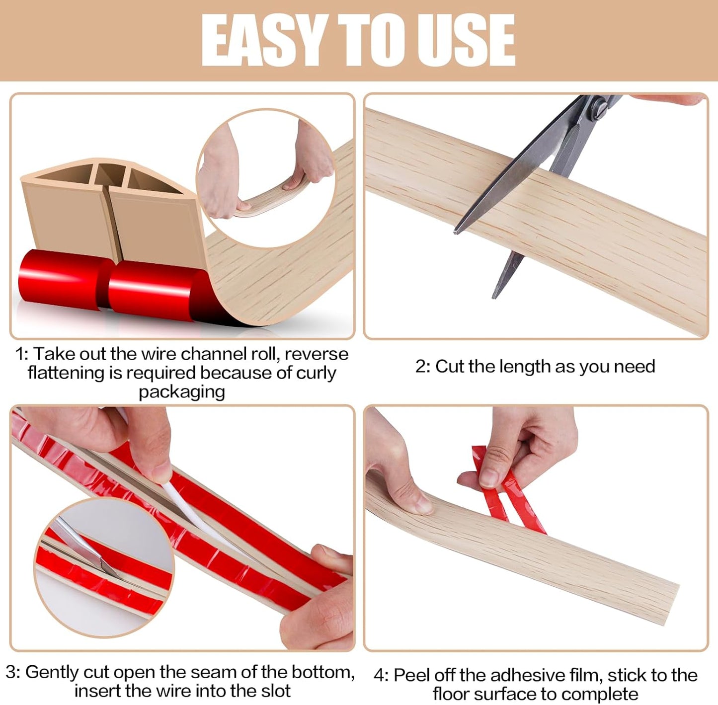 Floor Cord Cover Self Adhesive Cord Hider,20FT Cable Management, Extension Strip Protector for Wires, Prevent Cable Trips for Offices, Gyms, Exhibitions Cavity:0.39"(W) x 0.27"(H) Yellow Wood