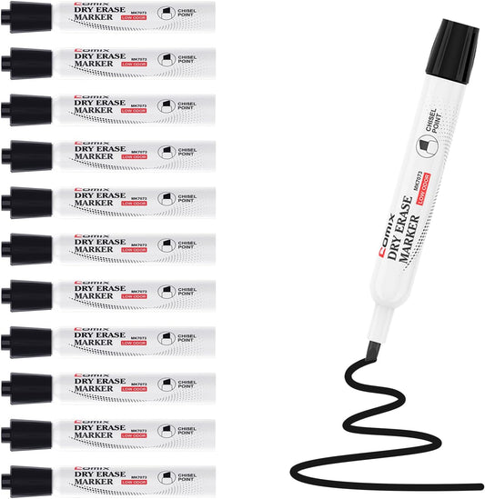 Comix Low Odor Dry Erase Markers, 12 Bulk Black Color Whiteboard Markers, Chisel Tip Thick Markers for Kids Teachers