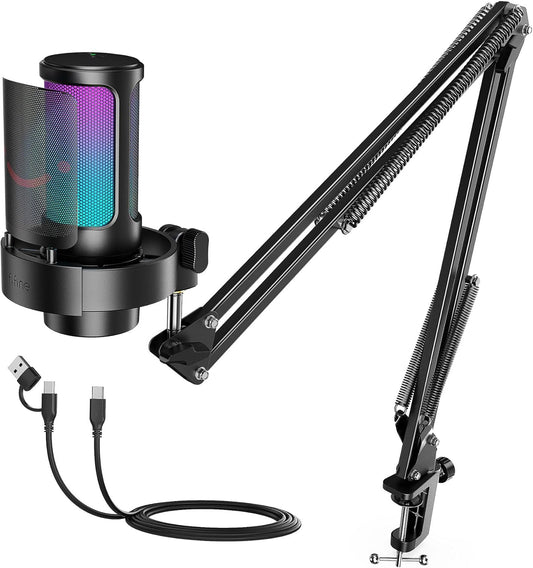FIFINE USB Gaming Microphone Kit, PC Streaming Mic with RGB Lights, Mute, Gain Knob, Metal Boom Arm for Recording Podcast, Condenser Computer Microphone Set Compatible with PS4/PS5-AmpliGame A8T