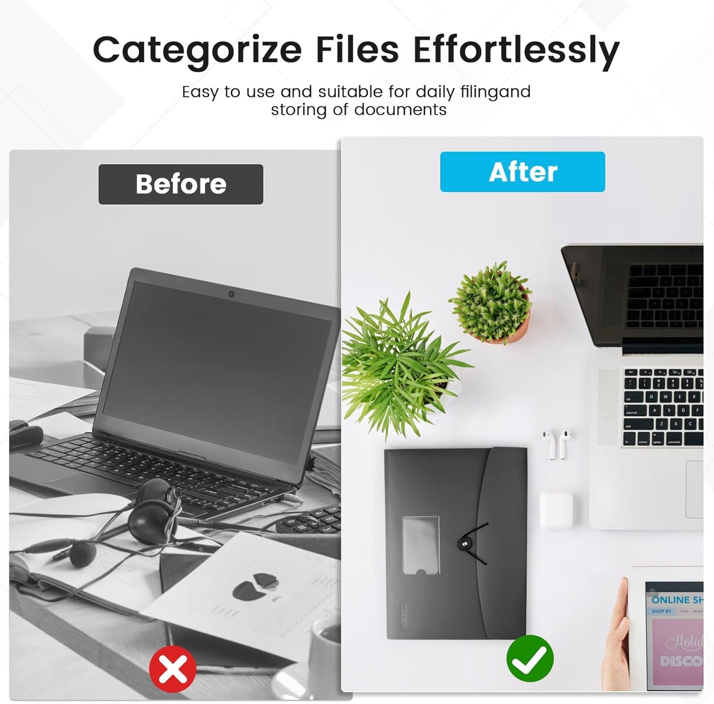 13 Pocket Expanding File Folder Accordian File Organizer, A4 Letter Size Paper Document Receipt Holder for School Office Supplies, Black