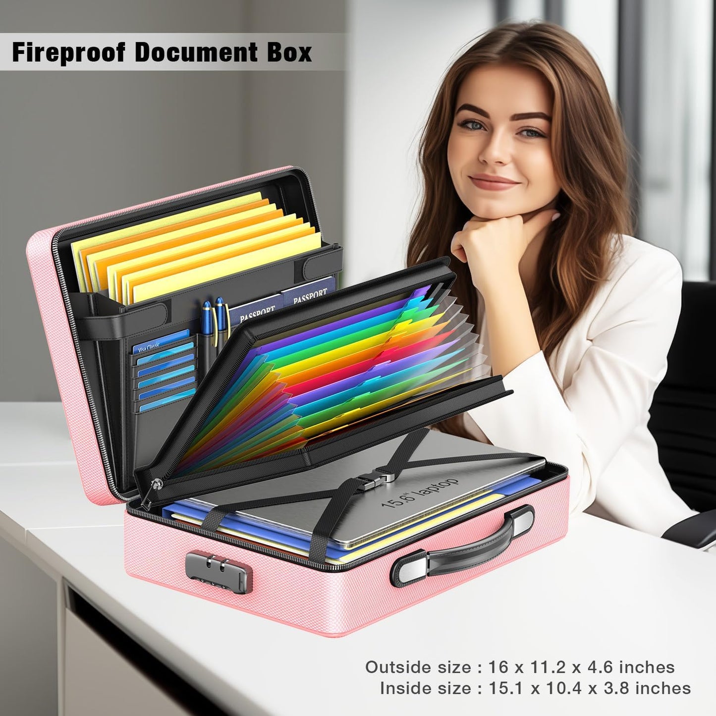 Fireproof Document Box with Fireproof Zipper, Hard Inner Shell Fireproof Document Bag with Lock, Fireproof Water Resistant Important Document Organizer 16 inch Laptop File Briefcase (Pink)