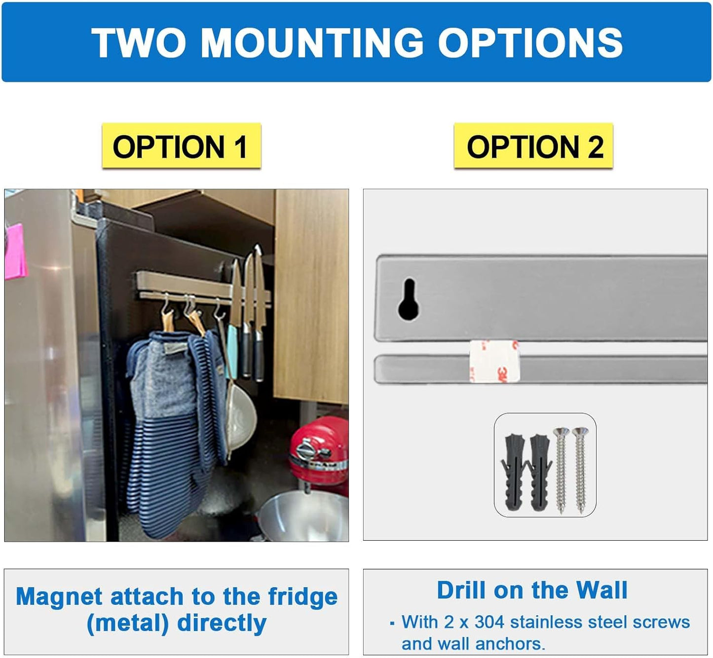 17 Inch Magnetic Knife Holder for Refrigerator with 12 Hooks - Double Sided Magnetic Knife Strip for Fridge - Premium Magnetic Knife Bar Rack - 304 Stainless Steel Kitchen Utensil Hanger