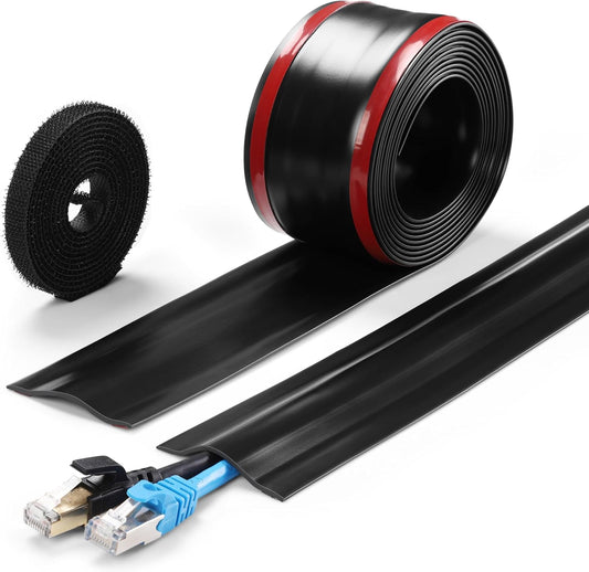 16.4ft Cord Cover Floor, Soft PVC Cord Covers for Wires on Floor, Self-Adhesive Floor Cable Cover Cord Hider, Floor Cable Management Cable Protector for Commercial Office Carpet/Floors/Wall Black