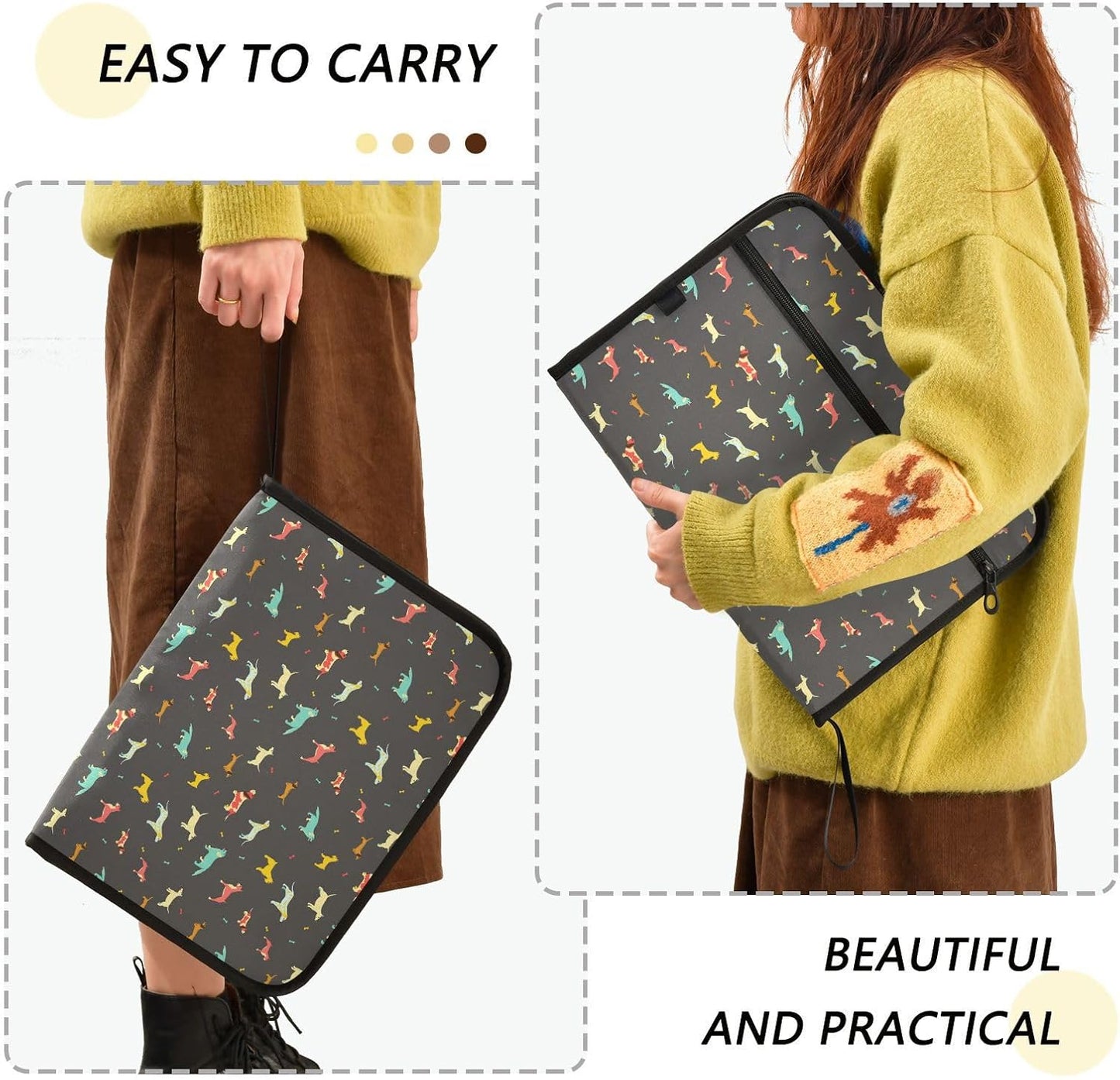 Gredecor 13 Pockets File Folder Organizer A4/Letter Water Resistant Dachshund Dog Black Document Bag with Zipper Filing Folder Expanding File Pouch Storage for School Office