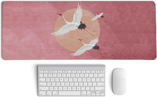 Retro Chinese Style Mouse Pad,Vintage Japanese Style Desk Pad,XL Large China Red Crowned Crane Laptop Desk Mat,Girly Pink Gaming Computer Pads,Girly Desk Mat For Home Office Dorm,31.5x11.8Inch