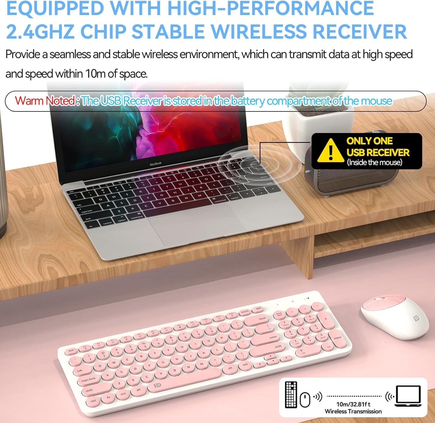 FD iK6630 Wireless Keyboard and Mouse Combo - 2.4GHz USB Cordless, Cute Round Keys, Quiet and Slim Set for Laptop, Computer, TV, and Mac - Salmon Pink & White