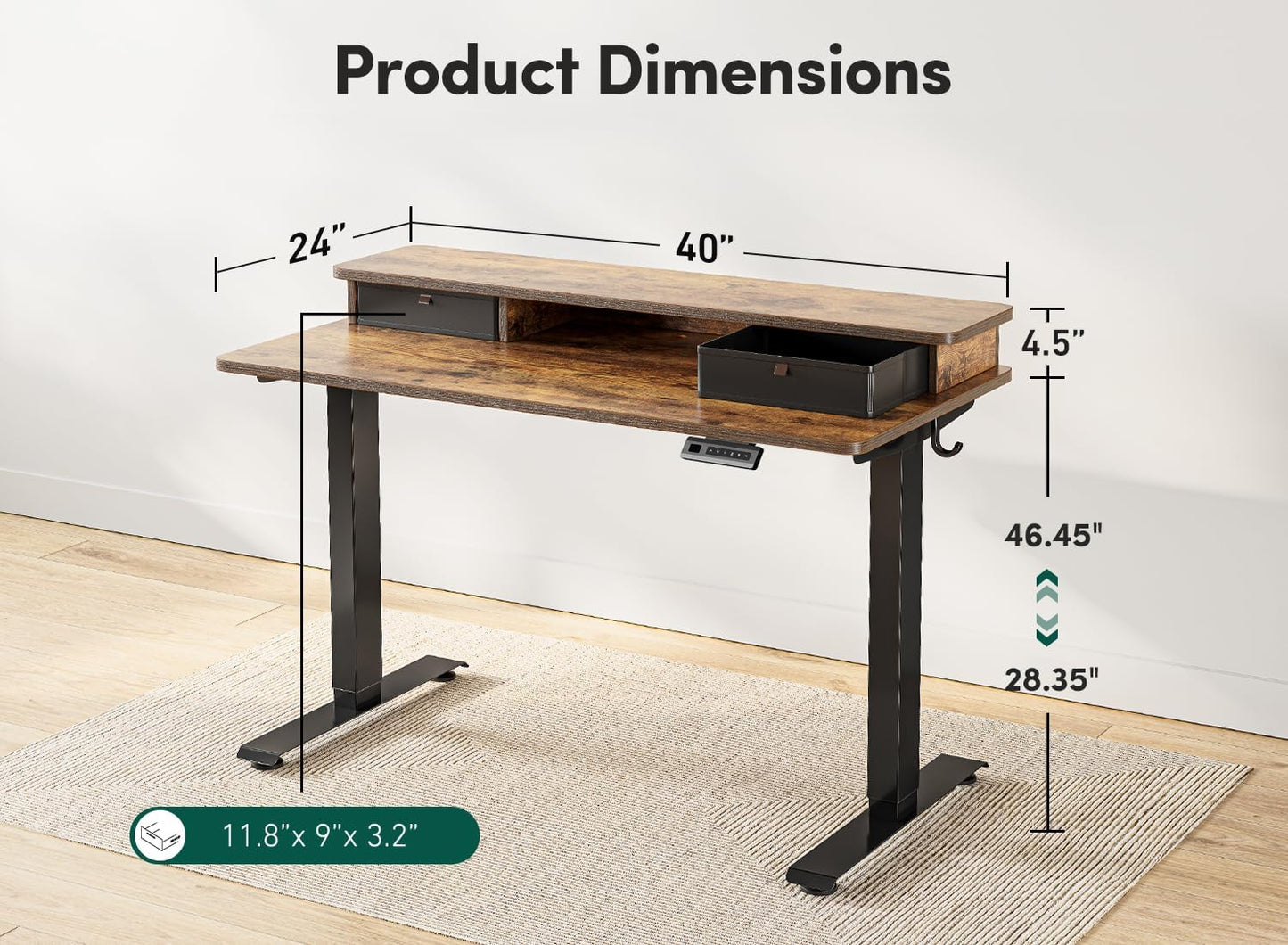 FEZIBO 40 x 24 Inch Height Adjustable Electric Standing Desk with Double Drawer, Computer Desk, Home Office Stand Up Table with 4 Height-Adjustable Feets & 2 Hooks, Rustic Brown