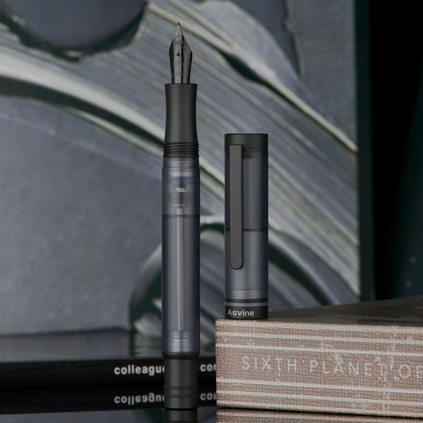 Asvine V200 Titanium Fountain Pen Vacuum Filling, Matte Black Fine Point Transparent Acrylic Smooth Writing Pen Case Set