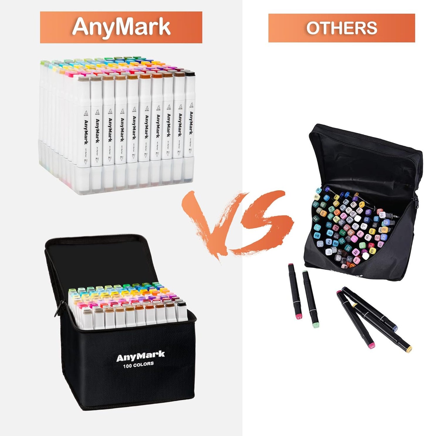AnyMark Alcohol Markers, 100 Colors Dual Tip Art Coloring Markers Set for Kids Adult Book Drawing Sketching Painting, Chisel & Fine, White Penholder