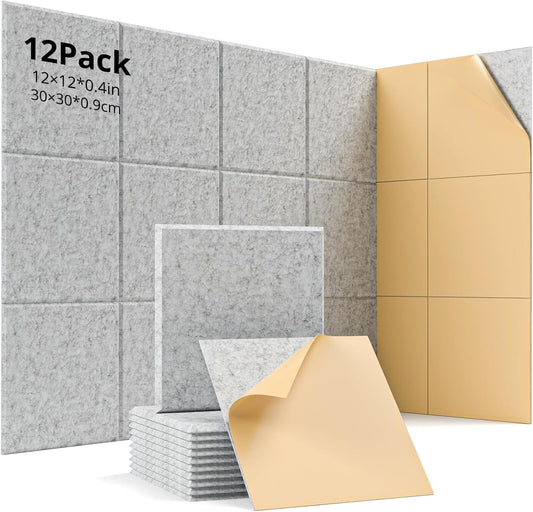 12 Pack Acoustic Panels Sound Absorbing 12"X12"X0.4" Self-adhesive Acoustic Panels High Density Sound Proof Panels for Walls, Door And Ceiling Gray