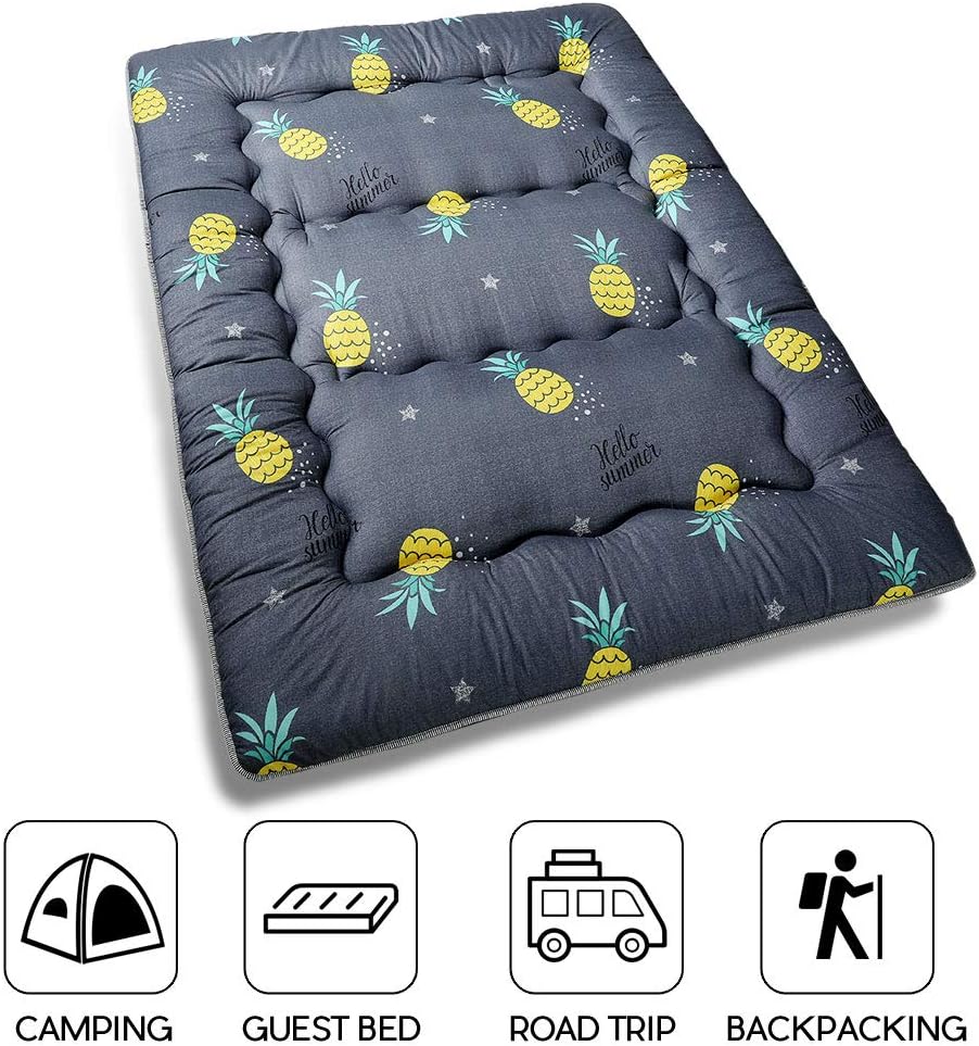Grey Pineapple Japanese Floor Futon Mattress, Tatami Floor Mat Portable Camping Mattress Kids Sleeping Pad Foldable Roll Up Floor Lounger Couch Bed Full Size with Mattress Protector Cover