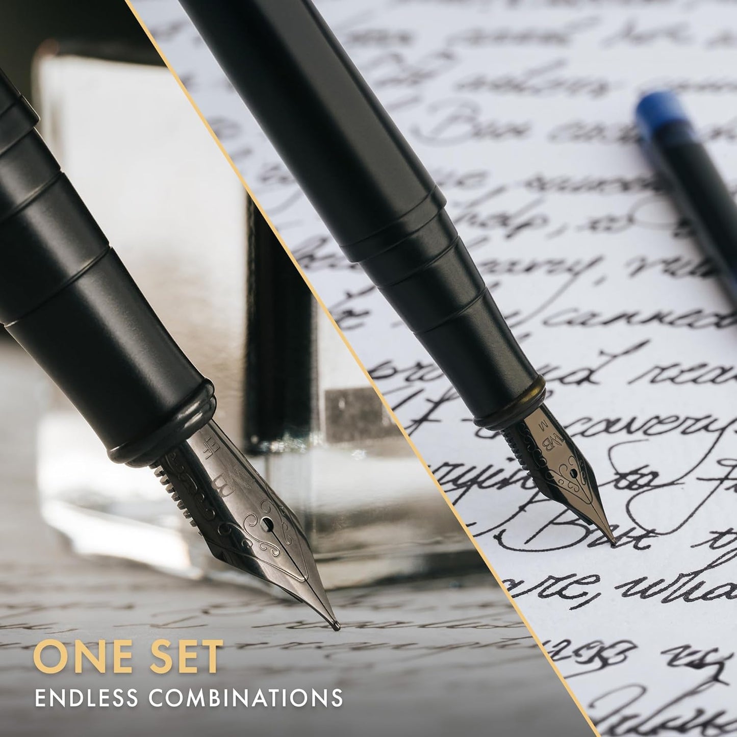 Wordsworth & Black Fountain Pen Set, 18K Gilded Medium and Extra Fine Nib, 25ML Black Ink Bottle, 6 Ink Cartridges,Refill Converter,Gift Box,Smooth Writing Pens [All Black],Gift Set for Men and Women