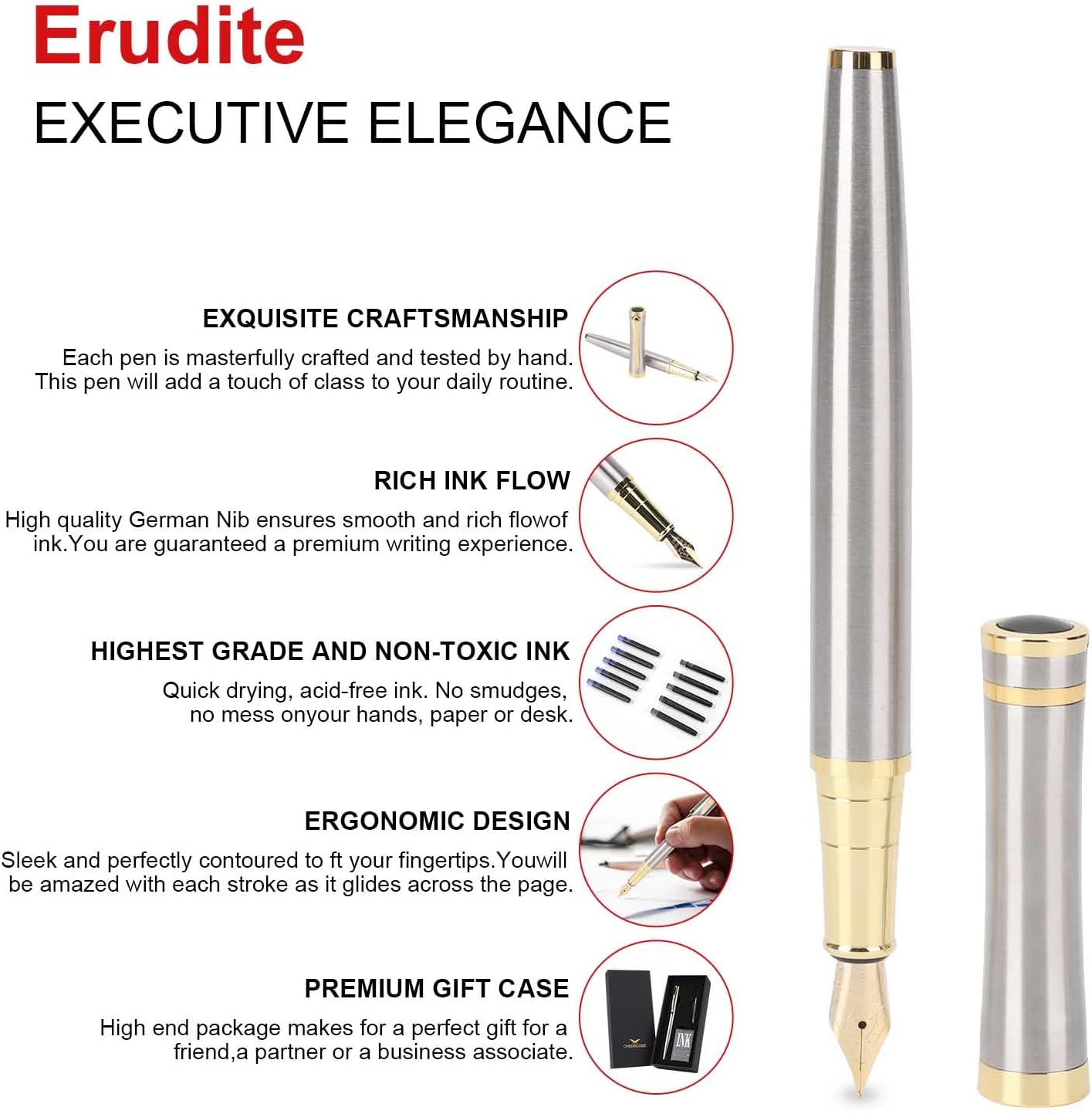 Cheericome Fountain Pen - Luxury Fountain pen set for Men & Women - Ink Pen for Smooth Writing - Fountain Pen Fine Nib，Includes 10 Ink Cartridges and Ink Refill Converter - Silver