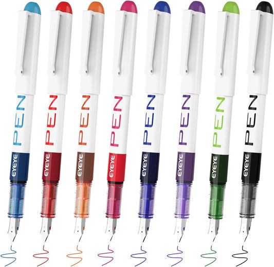 EYEYE Fountain Pens for Writing, 8 Pack Assorted Colors Fine Point Disposable Fountain Pens Stainless Steel Nib, Smooth Writing for Calligraphy, Journaling, Drafting, Sketching, Doodling & Gifts