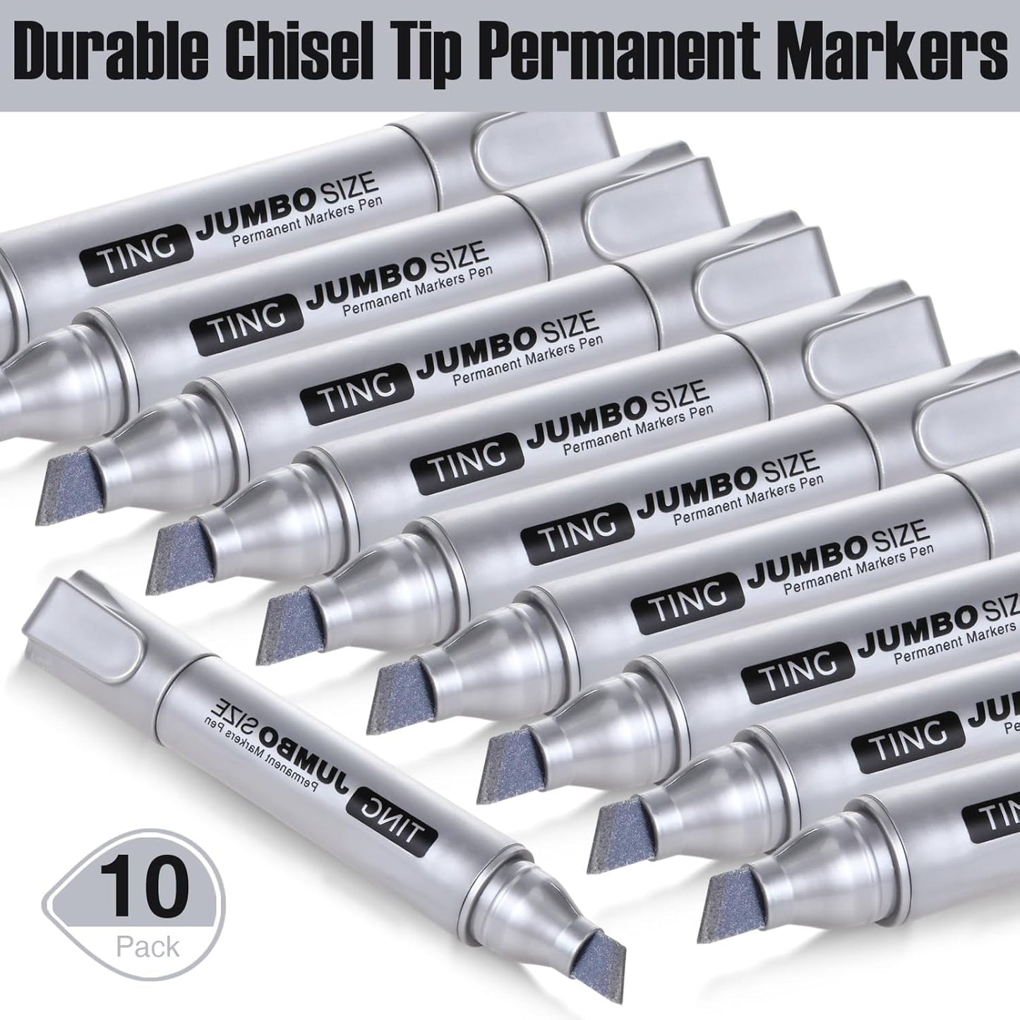 Fuutreo 10 Pack Jumbo Permanent Markers Bulk Large Chisel Tip Permanent Markers Quick Drying Waterproof Big Huge Poster Pens for Office, Logistics Company and More(Silver)