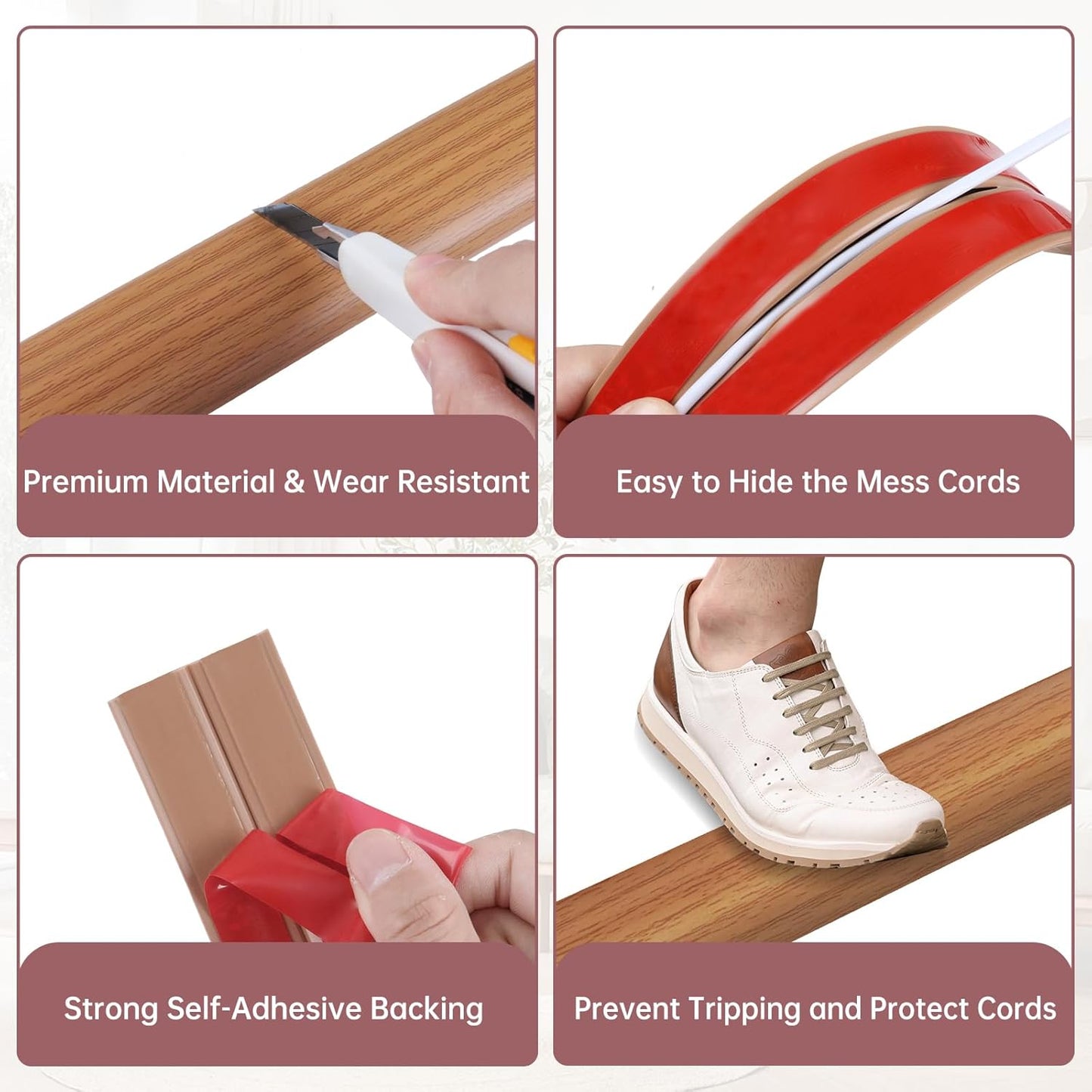 Floor Cord Cover Self Adhesive Cord Hider Floor Extension Cord Covers for Floor Power Cord Protector Cable Management Prevent Cable Trips Cable Cavity 0.59" W x 0.31" H (Light Brown Wood, 20Ft)