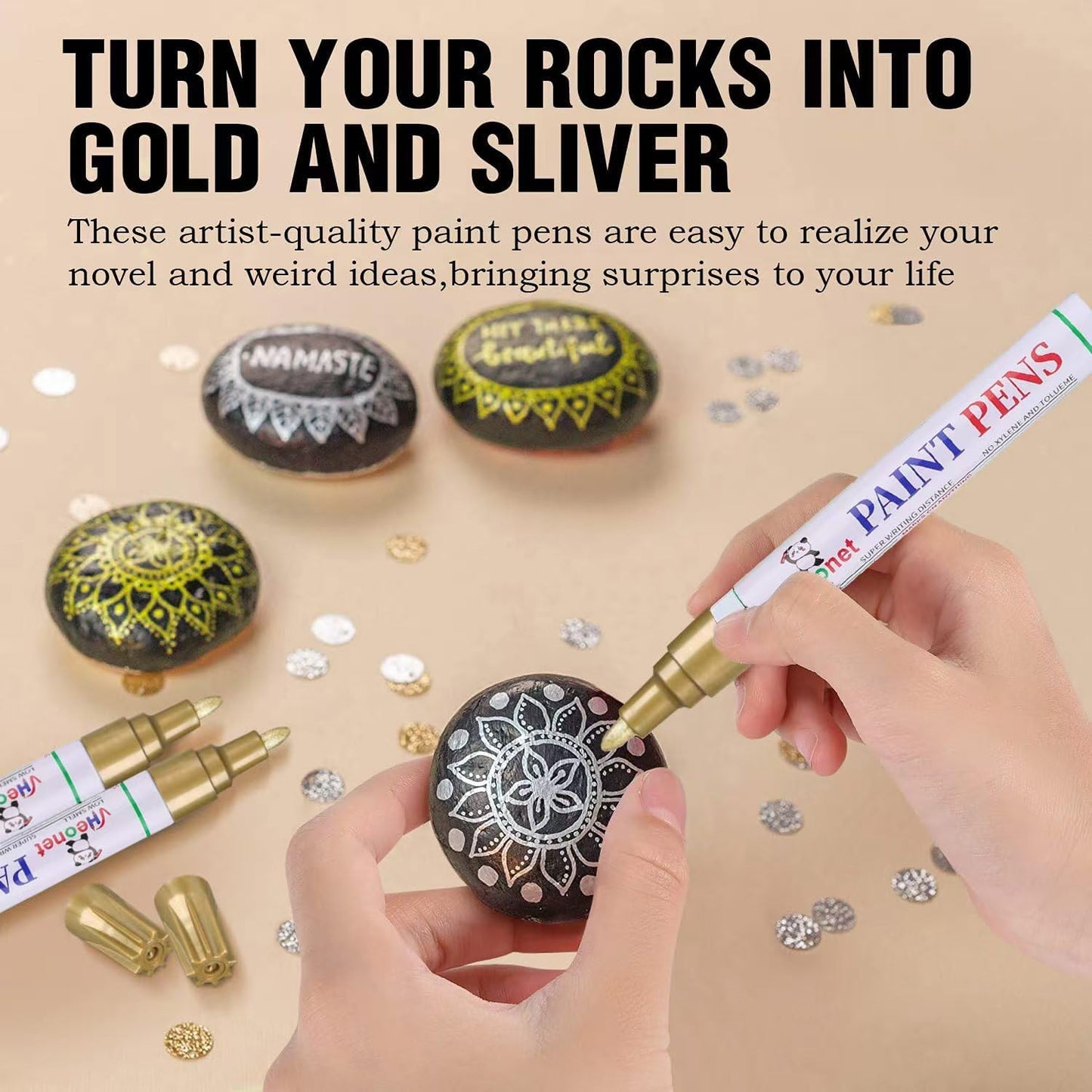 Gold Paint Pens marking pens Permanent Markers - 6 Pack Oil Based Waterproof Markers for Tire, Rubber,Wood, Rocks, Metal, Canvas,Plastic, Dark Surface,Craft office Supplies,Medium Point