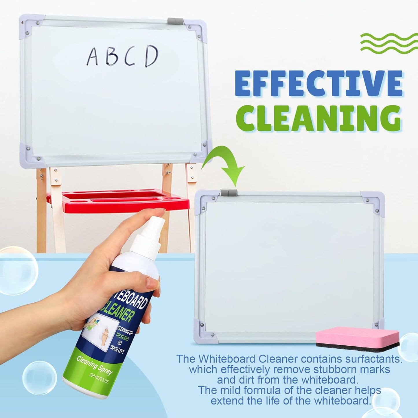 16 Pcs Dry Erase Whiteboard Cleaner Set, 8.5 fl oz Whiteboard Cleaning Spray Dry Erase Board Liquid Cleaner with 8 Magnetic Chalkboard Board Erasers for Classroom Home Office