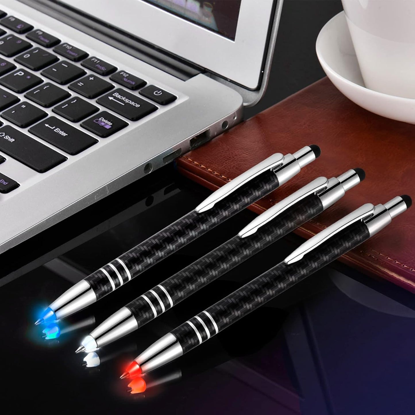 Glovion Lighted Tip Pen with Stylus 3-in-1 - LED Penlight Light Up Pen Light Ballpoint Pen with Light for Writing in The Dark - Pack of 3 - Red/Blue/White Light - GL006