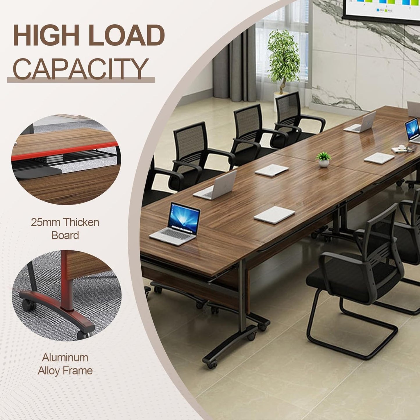 Folding Conference Room Table, Modern Conference Tables with Wheels, Large Rectangular Mobile Training Tables for Office Classroom, Foldable Modular Boardroom Seminar Table Walnut (6pack L55.1in)