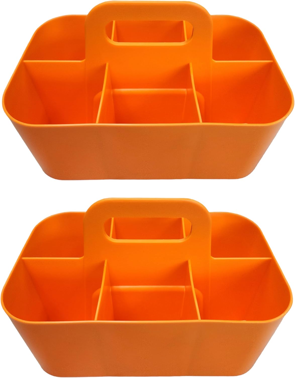 2 Pack Small 6 Compartment Multiuse Caddy Organizer with Handle Art Craft Supplies, Office, Desk, Stationery Pen Holder Stackable- Made In USA (Orange)