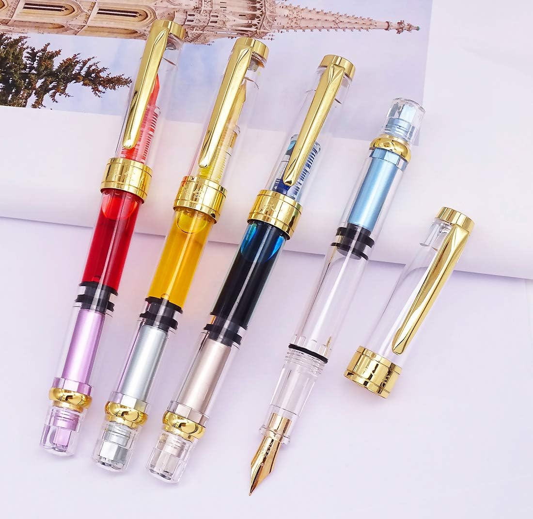 Lanxivi 4 Colors Yongsheng 3008A Fountain Pen Piston Filling Upgraded Fine Nib,Transparent Gold Trim