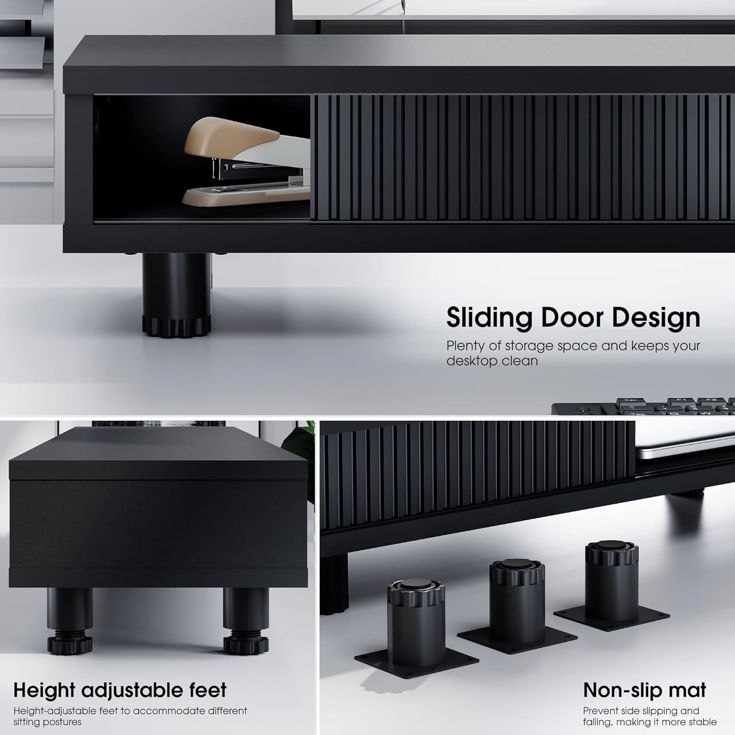 Fenge Dual Monitor Stand, 42.5inch Long Monitor Stands Riser for 2 Monitors, Sliding Door with Storage Organizer Stand for Desk, 2 Tier Desk Shelf for Laptop, Pc, Printer, Computer, TV