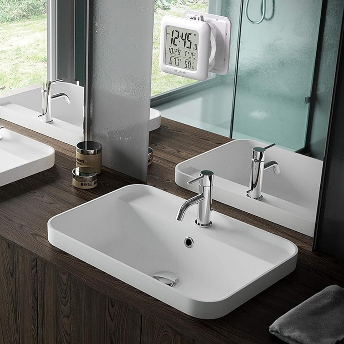 KADAMS Bathroom Clock 9.5" Kitchen Wall Clock with Large LCD Screen – Shower Clock with Suction Cup,Temperature, Humidity, Calendar – Water-Resistant, 4 Mounting Options, White