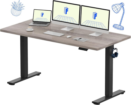 FLEXISPOT EN1 Whole Piece Standing Desk, 60 x 24 Inches Height Adjustable Desk Electric Sit Stand Desk for Home Office (Black Frame + Gray Wood Desktop, 2 Packages)