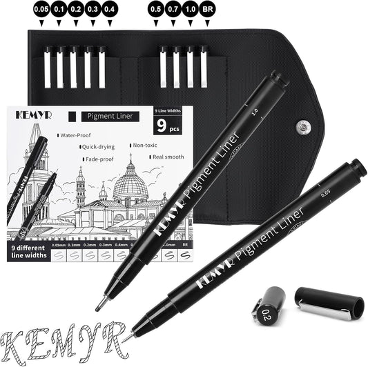 9 Micro Fine liner Drawing Art Pens Calligraphy Pens: 0.05mm-BR Size Black Art supplies Waterproof Archival Black Ink Markers For Artists,Use for Professional Watercolor,Sketching
