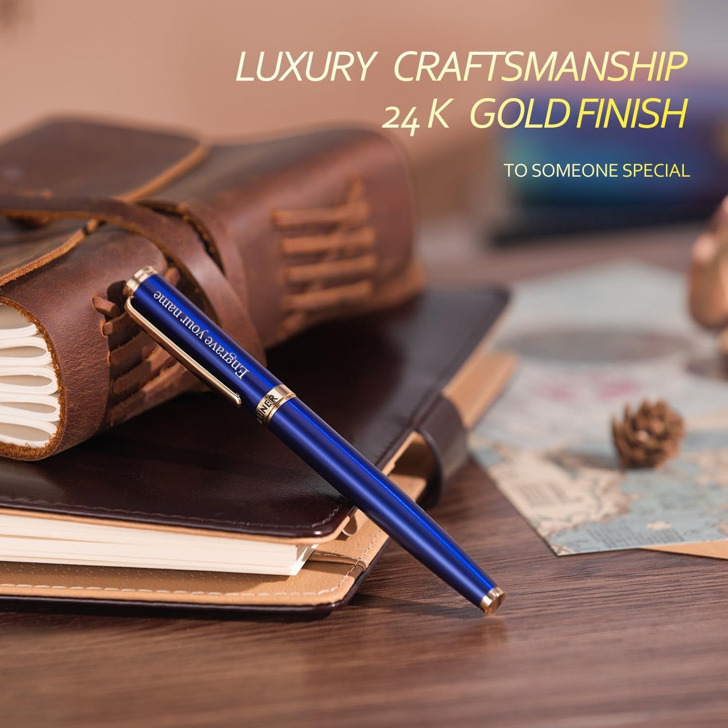 BEILUNER Blue Personalized Pen,Stunning Luxury Lacquer With 24K Gold,Schneider Ink Refills,Multiple Fonts To Custom Rollerball,Gift Pen For Men & Women,Executive,Graduation,Christmas,Nice Fancy Pens