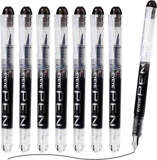 EYEYE Disposable Fountain Pens Fine Point, 8 Pack Black Calligraphy Pens for Writing, Stainless Steel Nib, Smooth Writing for Journaling, Drafting, Sketching, Doodling & Office Supplies