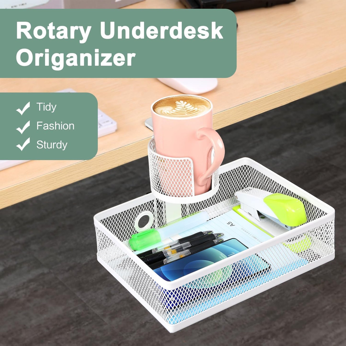 ROSYLINE 360°rotation under desk drawer, Drawer Under Desk Storage Organizer, Rotary Desk Storage Organizer with Cup Holder, Under Desk Storage, Clamp Drawer Basket, sturdy and durable (White)