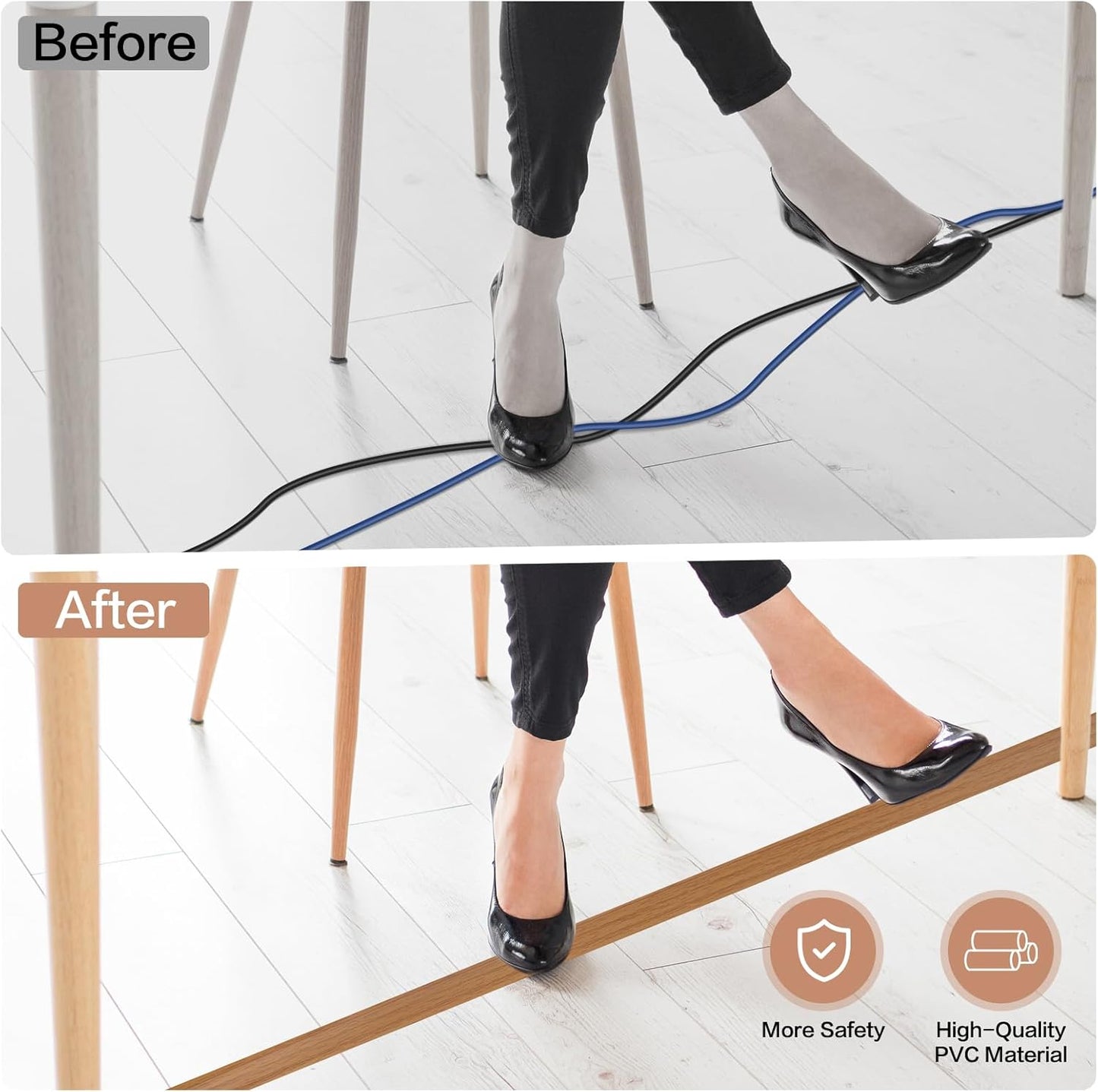 Floor Cord Cover Self Adhesive Cord Hider Floor Extension Cord Covers for Floor Power Cord Protector Cable Management Prevent Cable Trips Cable Cavity 0.51" W x 0.31" H (Light Brown Wood, 20Ft)