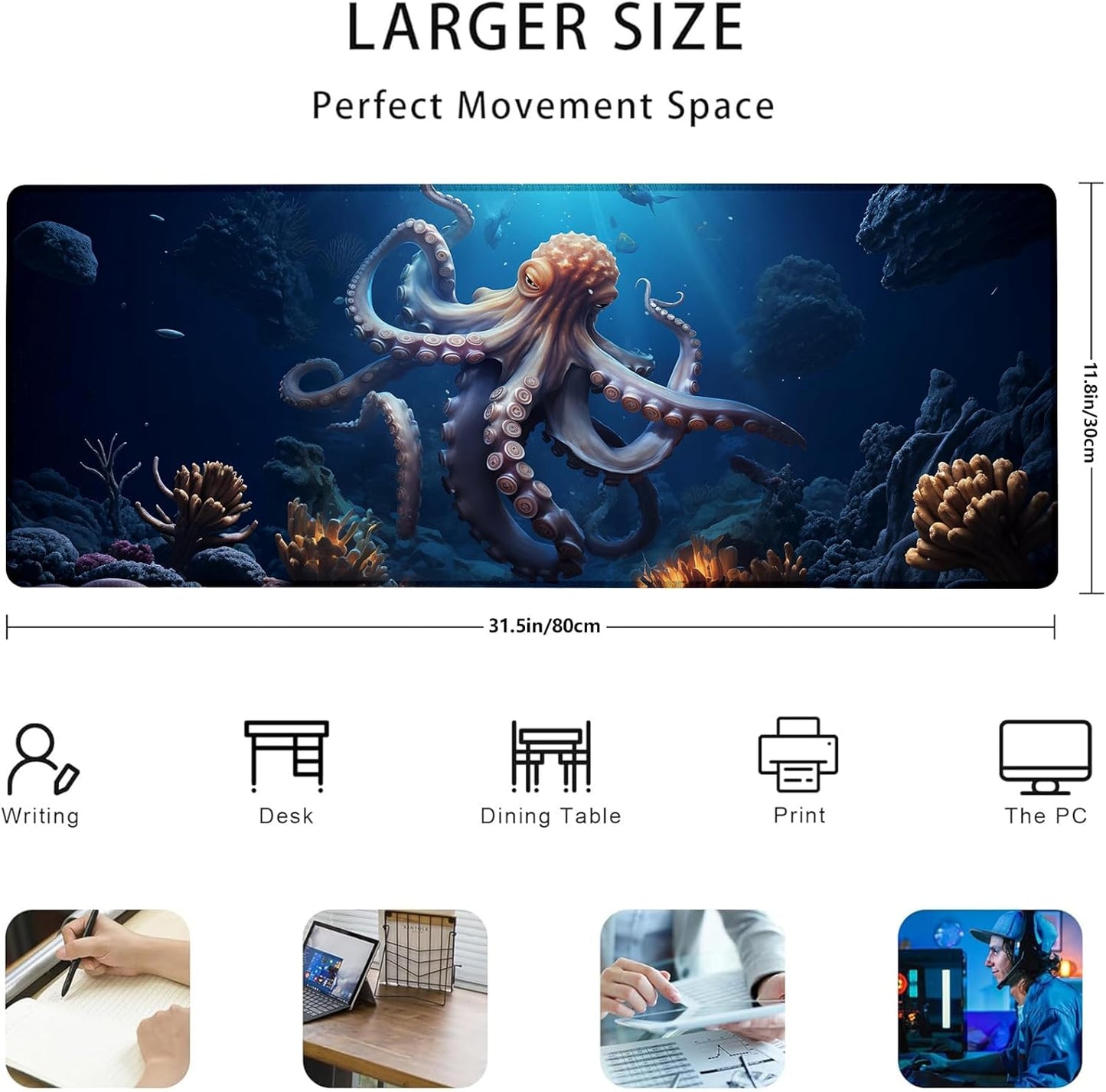 Octopus Gaming Mouse Pad Gifts 31.5" x 11.8", Non-Slip Rubber Base MousePads for Computers Laptop School Office Home Accessories Decor, Mouse Pad, Keyboard Desk Mat