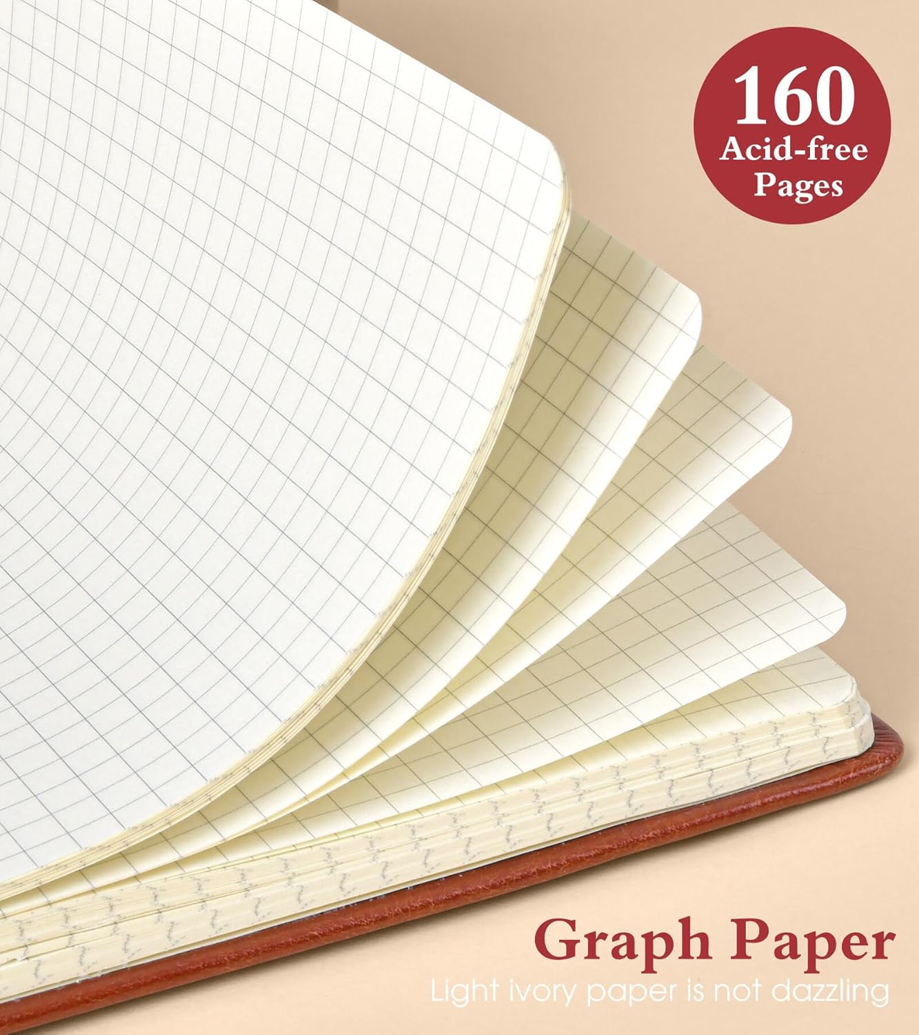 Graph Notebook for Women Men, 160 Pages Grid Paper Journal, A5 Hardcover Vintage Leather Graphing Notebooks for School, Work, College Ruled, Inner Pocket, 5.8"x8.5" (Brown)