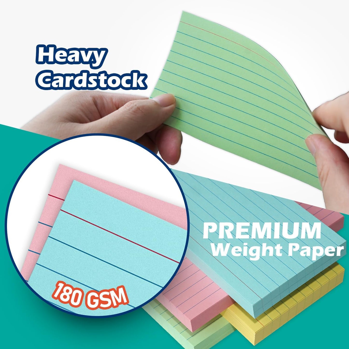 Green Lined Index Cards 3x5 Ruled Note Cards 200 Count, 180 GSM Heavy Weight