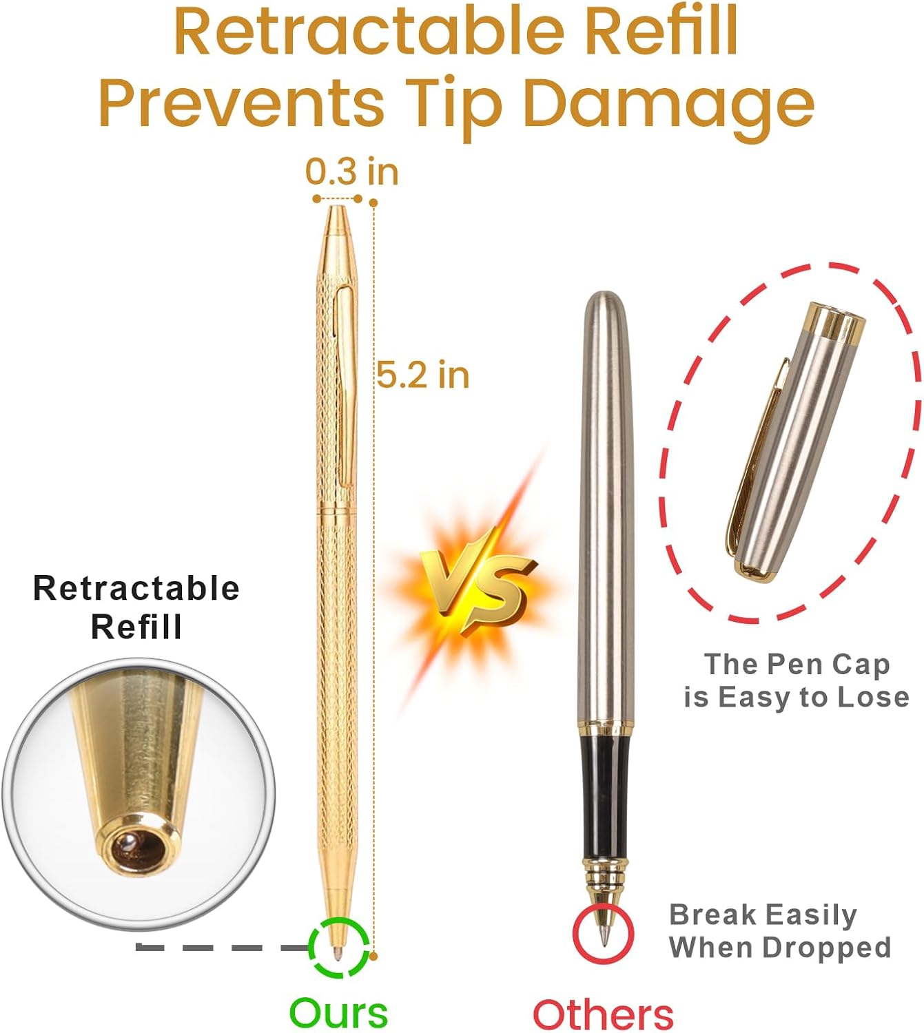 Cambond Ballpoint Pens Gold Pen - Nice Pens for Wedding Guest Book for Gift Smooth Writing Pen with Black Ink 1.0mm Medium Point, 3 Pens with 3 Refills (Gold)