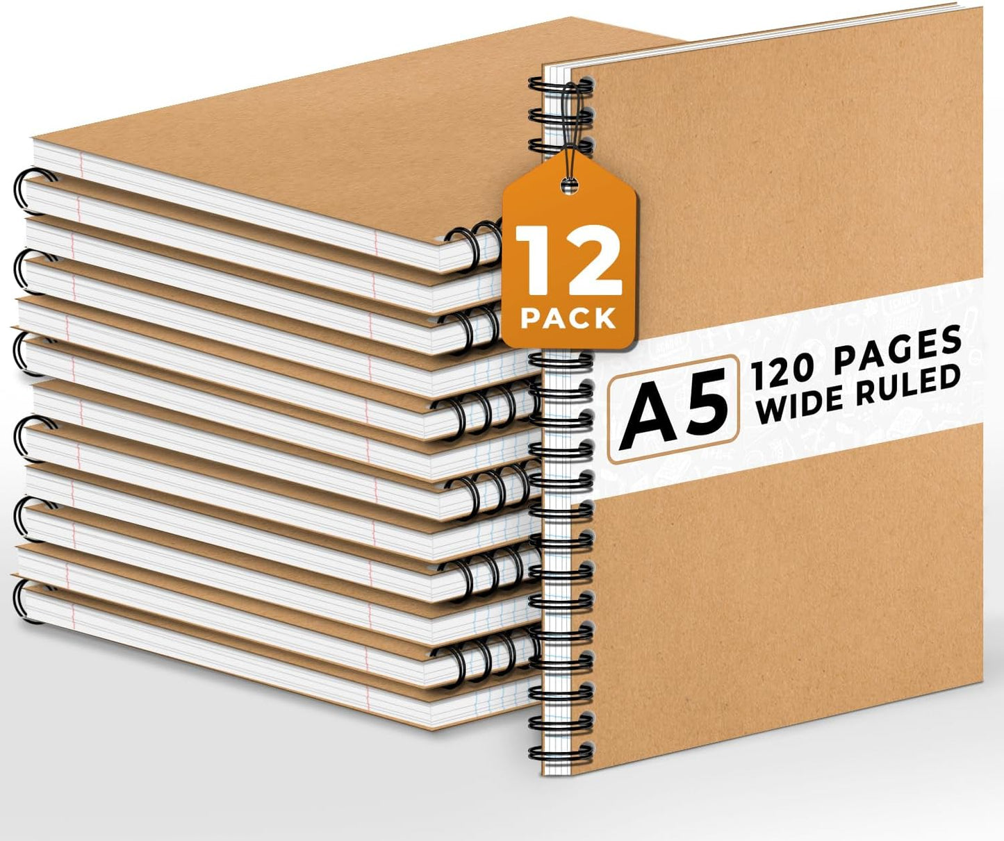 12 Pack Spiral Wide Ruled Journal Notebook, 5.8 x 8.3, 120 Pages (60 Sheets), 100 GSM, A5 Executive Kraft Hardcover Notebooks, Perfect for Work, Office, School, Travel, Business, Note Taking