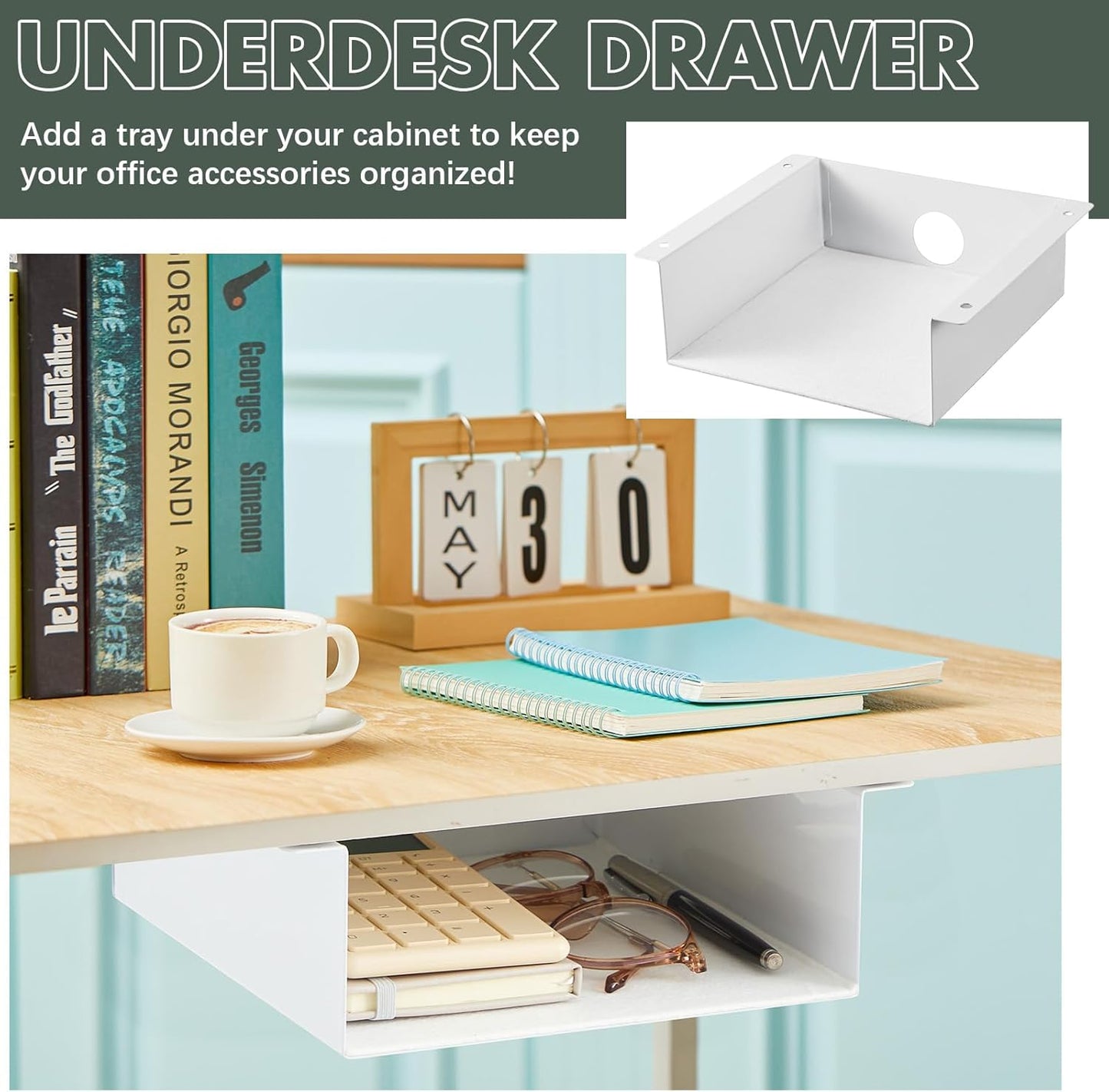 2 Pack Under Desk Storage Shelf, Carbon Steel Tray with Mute Felt Sheets, Mount Shelves Organizer for Office Home Workstation Gaming Desk Stand up (7.5x8x2.8 In/Storage Shelf,White)