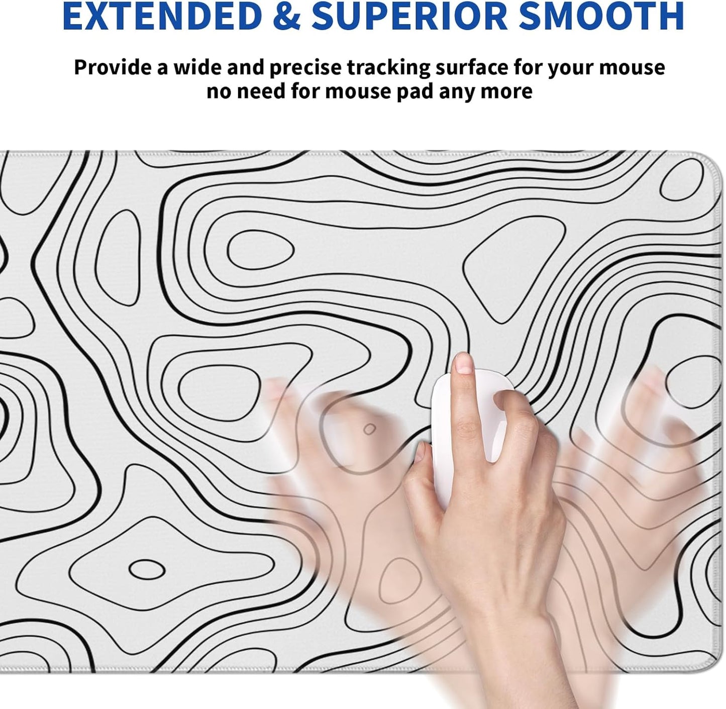 Topographic Contour Gaming Mouse Pad White Large Mouse Pad for Keyboard and Mousepad Desk Mat with 3mm Non-Slip Base and Stitched Edge for Gaming and Office Computer Mat Protector Mat 31.5x11.8 Inch